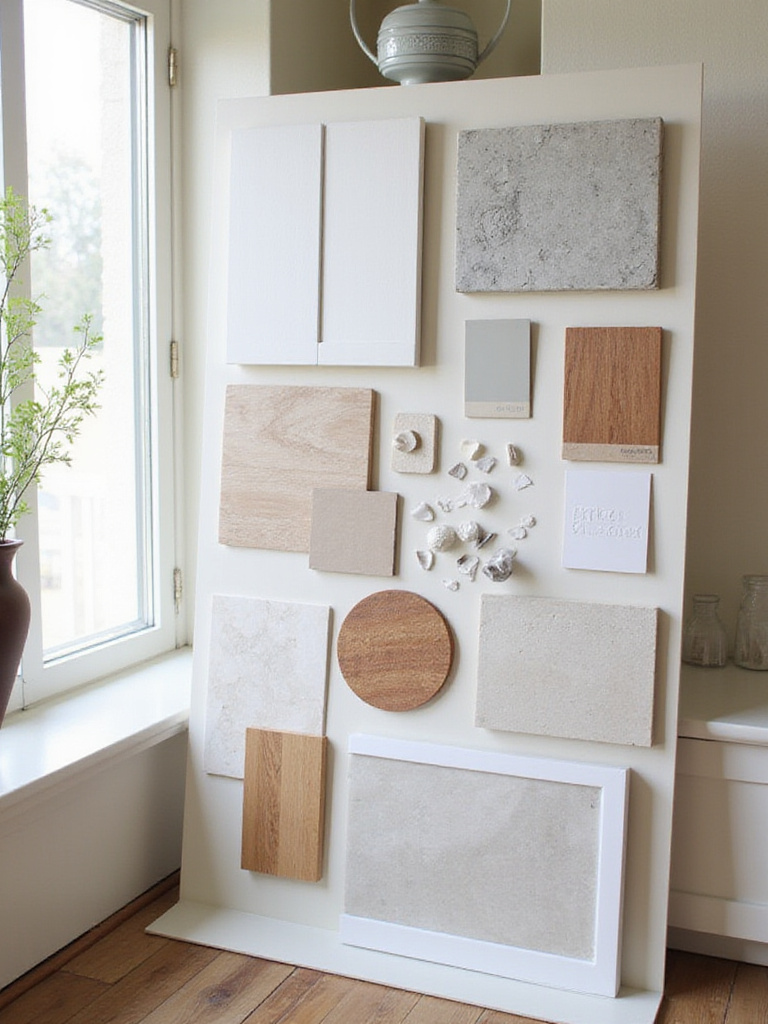 Mood board showcasing kitchen design inspiration with cabinetry samples and color swatches.