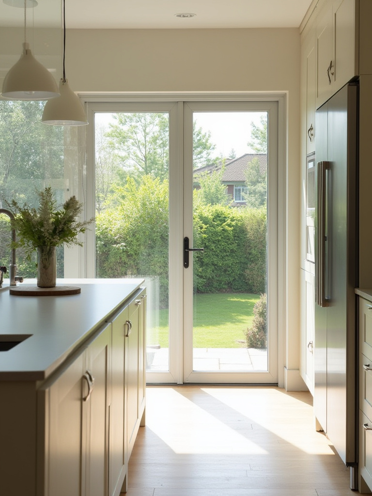 Bright kitchen with large windows and glass doors enhancing natural light