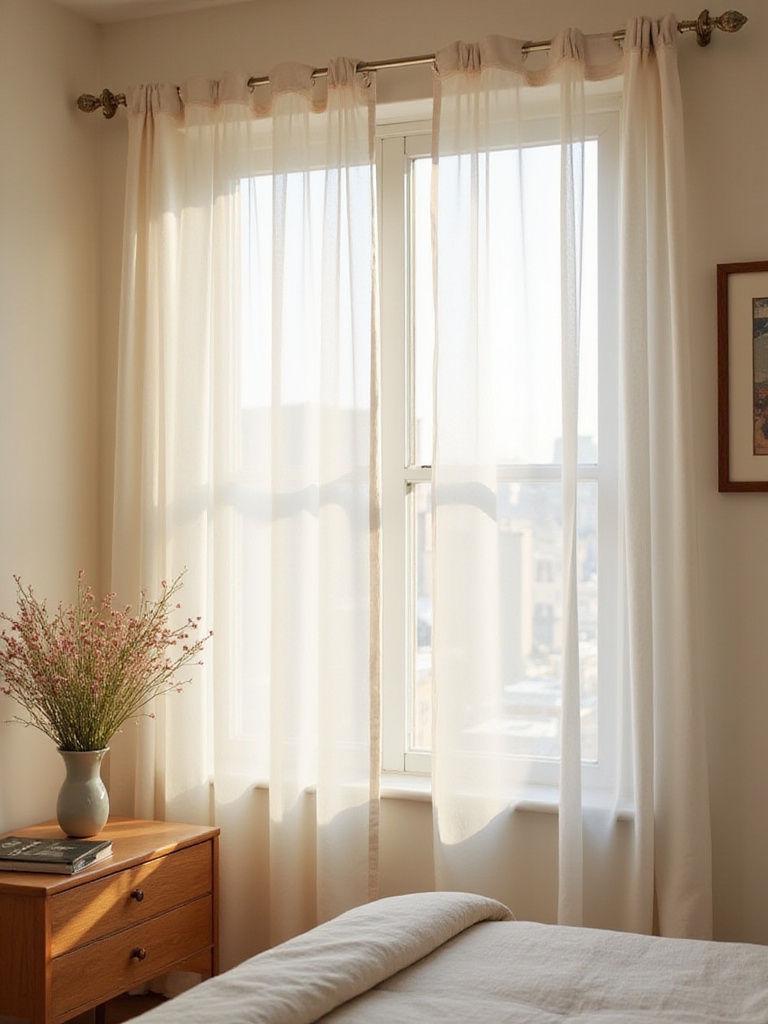 Small bedroom featuring sheer window treatments that enhance natural light
