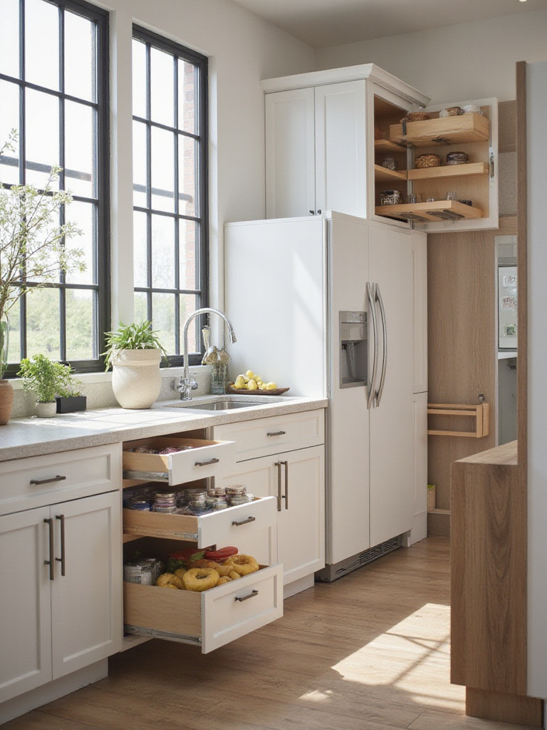 Modern kitchen with smart cabinetry solutions and accessories, showcasing organized storage and elegant design.