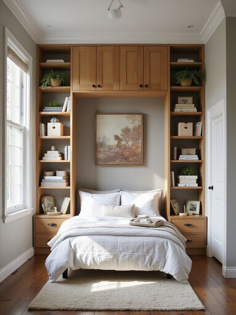 Small bedroom with tall bookshelves and wall-mounted cabinets maximizing vertical storage