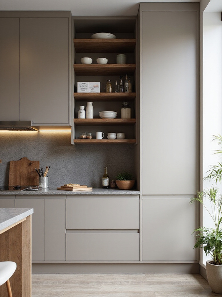 Modern small kitchen with vertical cabinetry and natural lighting
