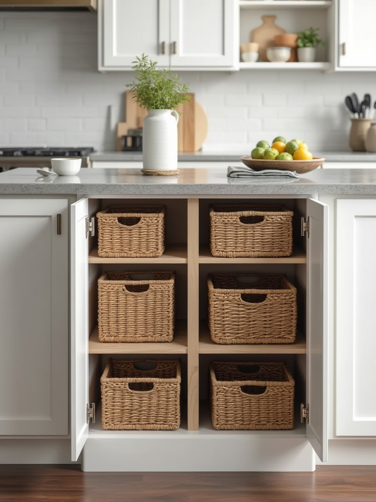 Organized kitchen island with modular basket systems for flexible storage solutions.