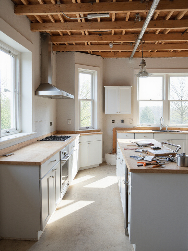 Renovated kitchen showing progress during a renovation project with tools and materials visible.
