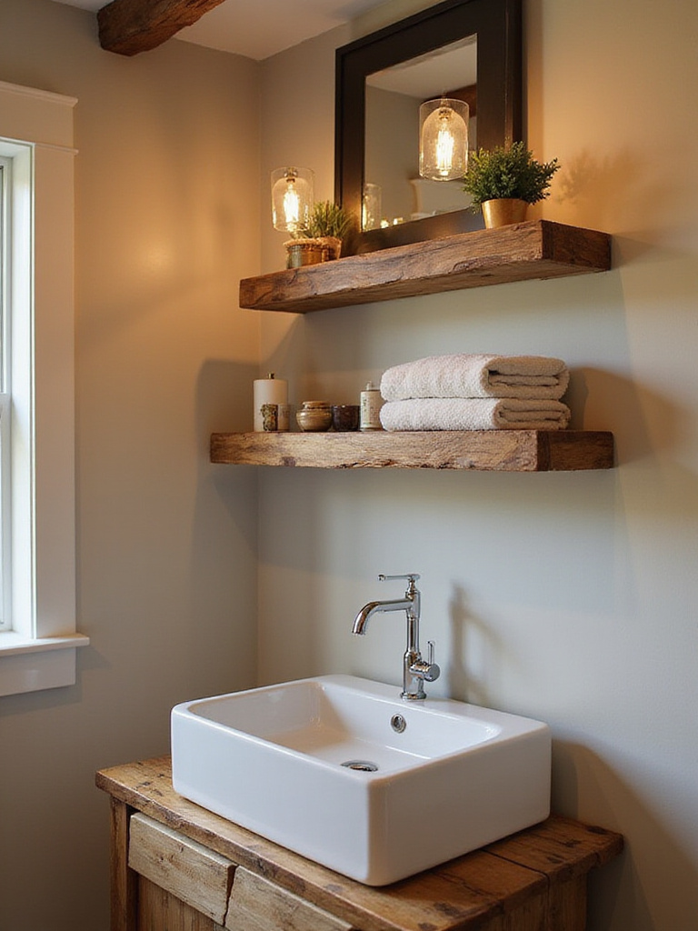 Rustic bathroom with a live edge wood shelf above a sink