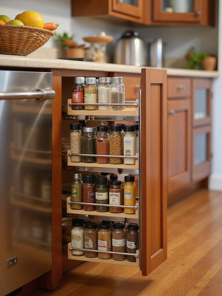 Narrow pull-out spice rack showcasing organized spice jars in a modern kitchen setting.