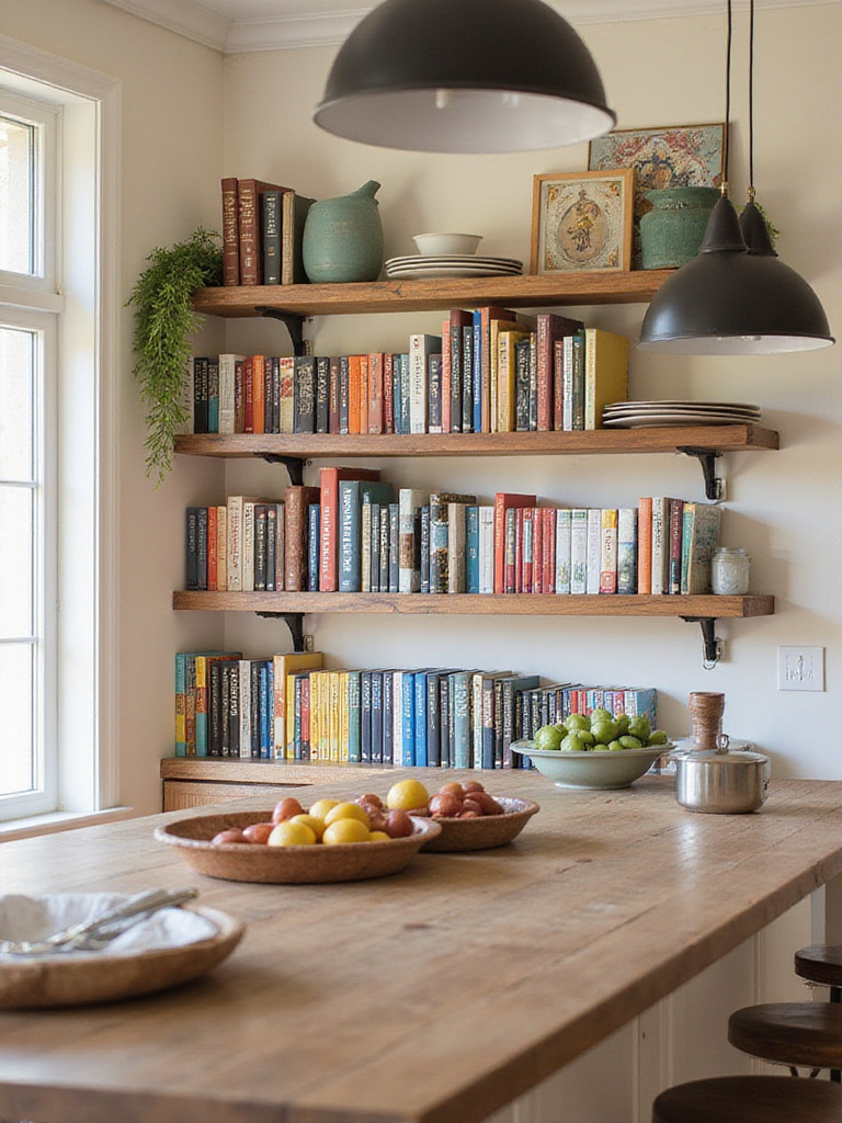 Open shelving in a kitchen island filled with colorful cookbooks