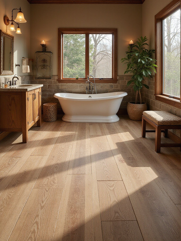 Rustic bathroom featuring durable wood-look tile flooring