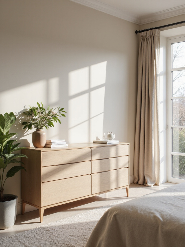 Beautifully arranged bedroom with optimized dresser placement