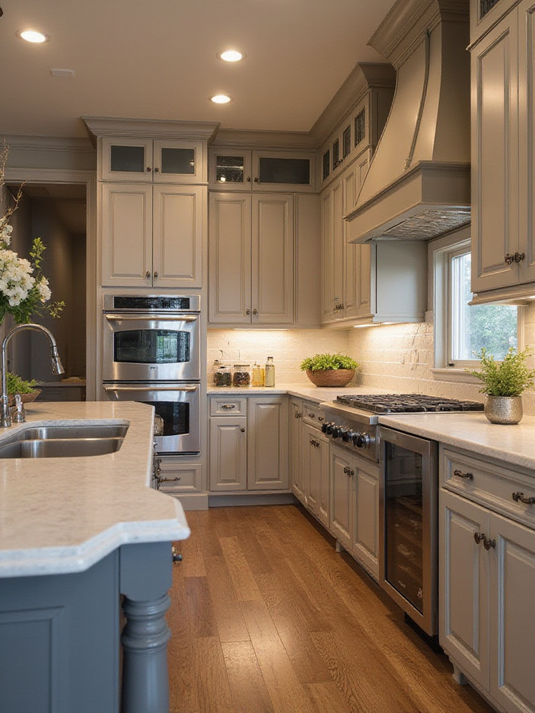 Luxurious kitchen interior with optimized layout for workflow and entertaining