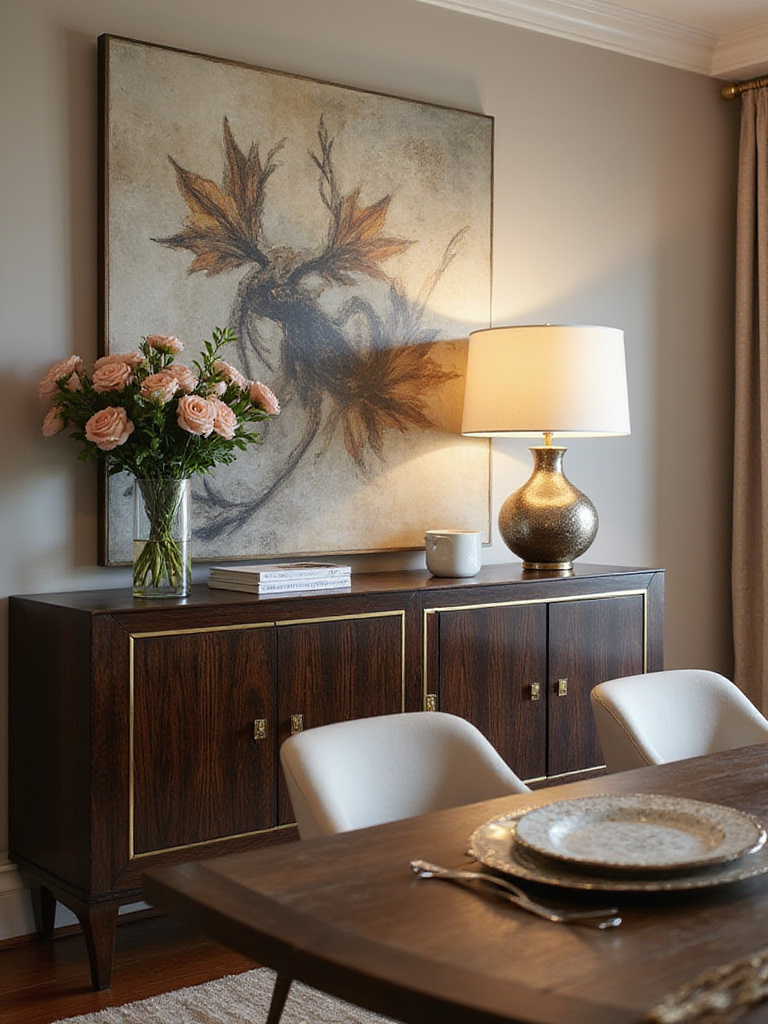 Stylish sideboard in a modern dining room, beautifully decorated with flowers and a lamp.