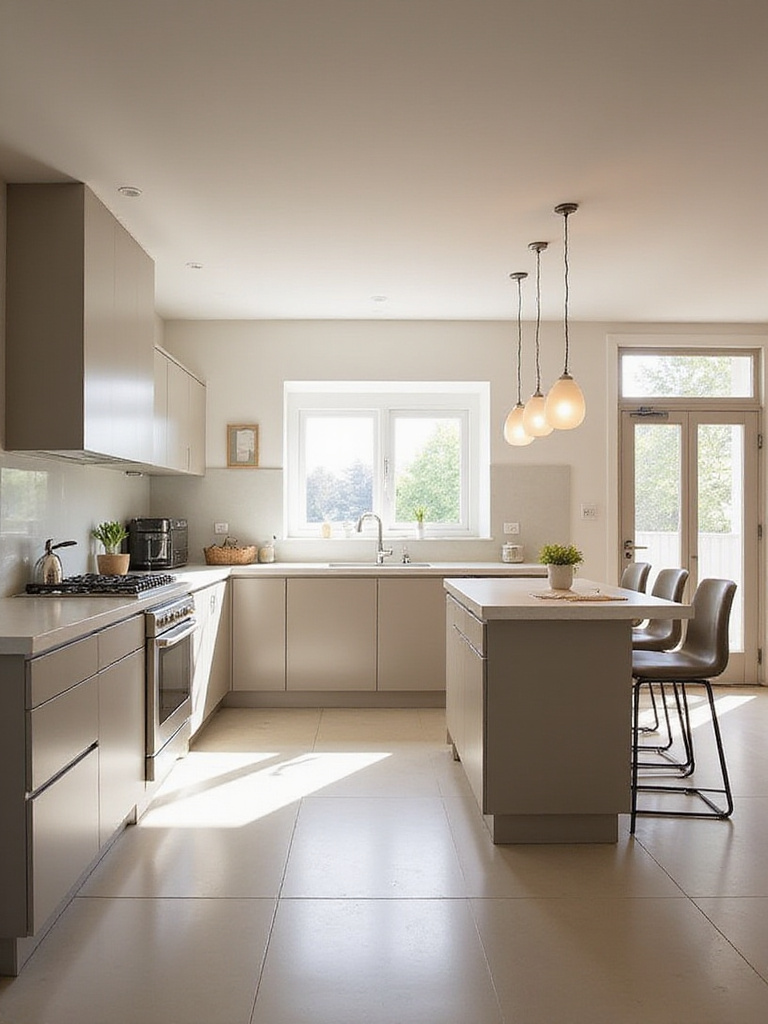 A modern kitchen layout designed for efficiency and flow with an L-shaped configuration.