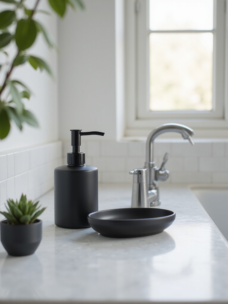 Stylish toothbrush holder on a minimalist bathroom countertop with matching accessories and plant