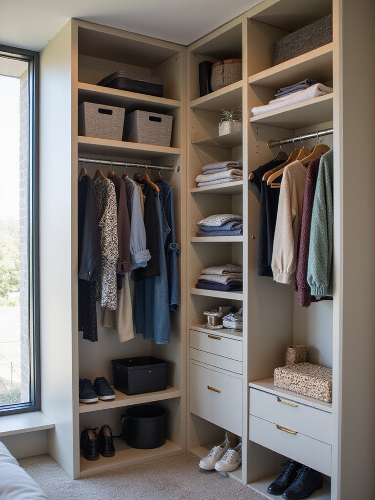 Meticulously organized closet with shelves and slim hangers