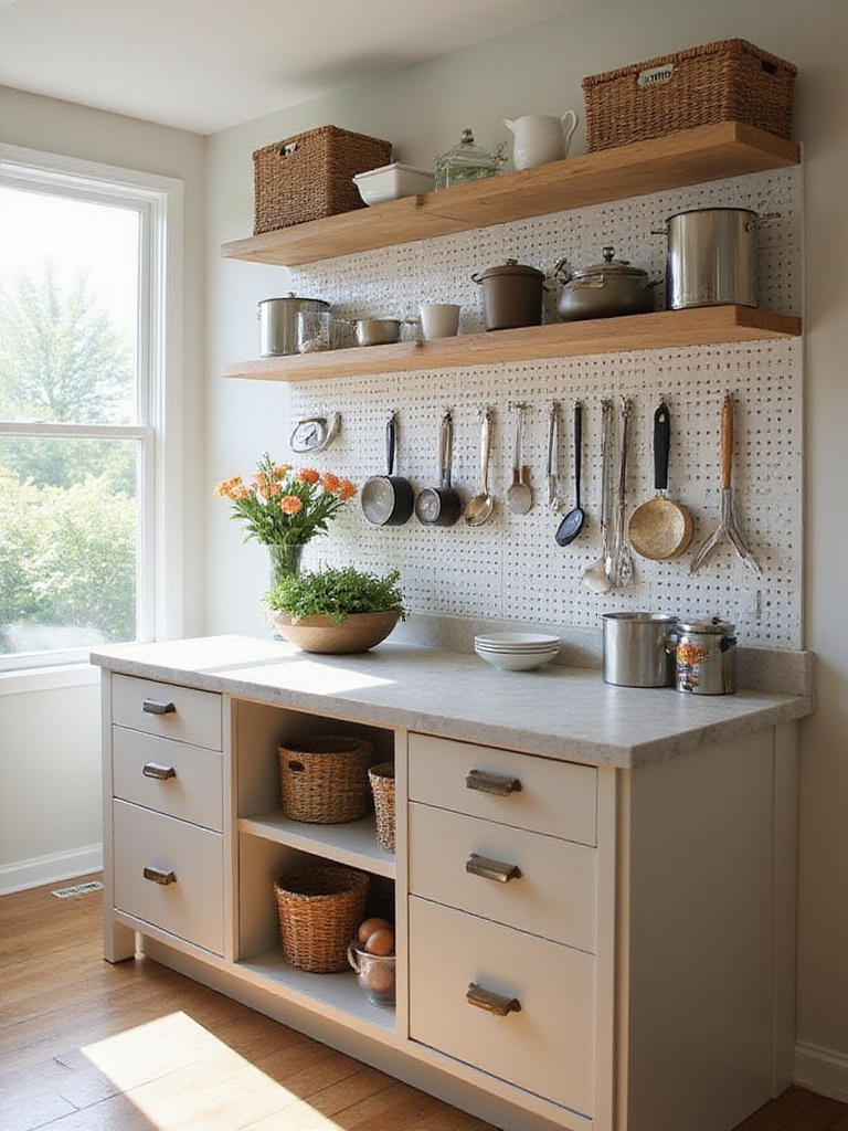 Organized kitchen island cabinet with pegboard inserts and various kitchen tools.
