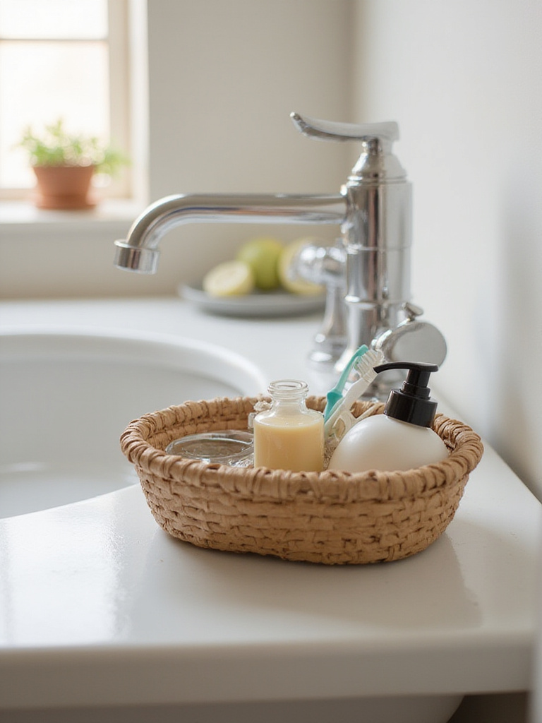 Tidy bathroom sink with a small basket containing essentials