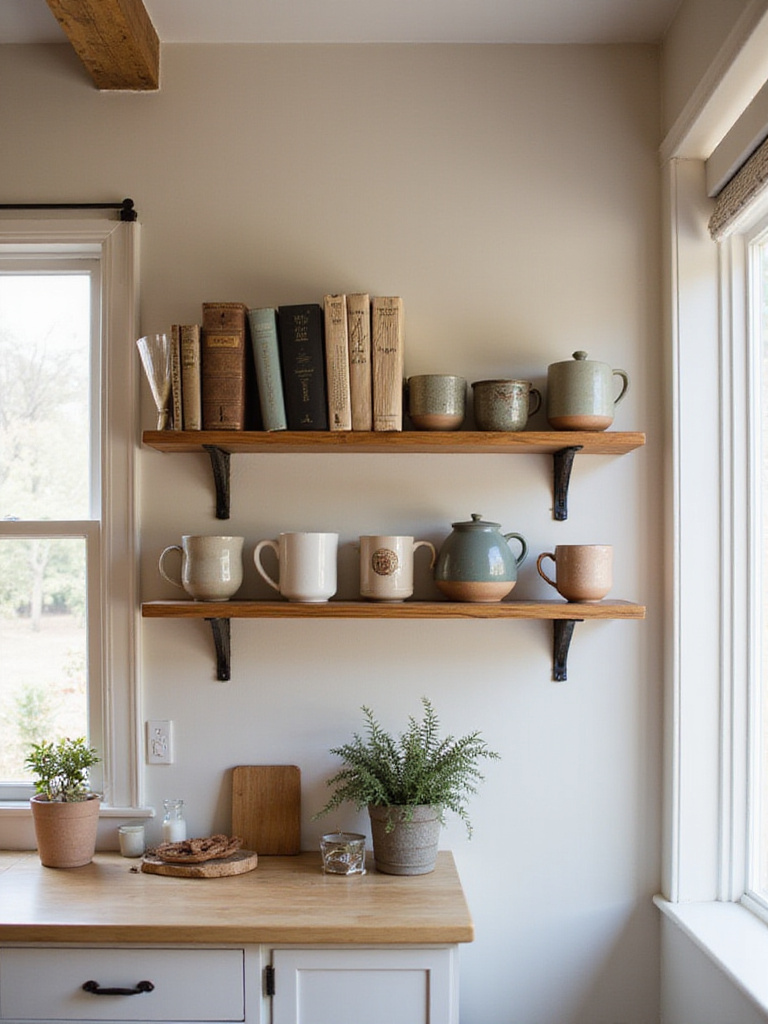Cozy kitchen with open shelving displaying ceramic mugs, cookbooks, and herbs.