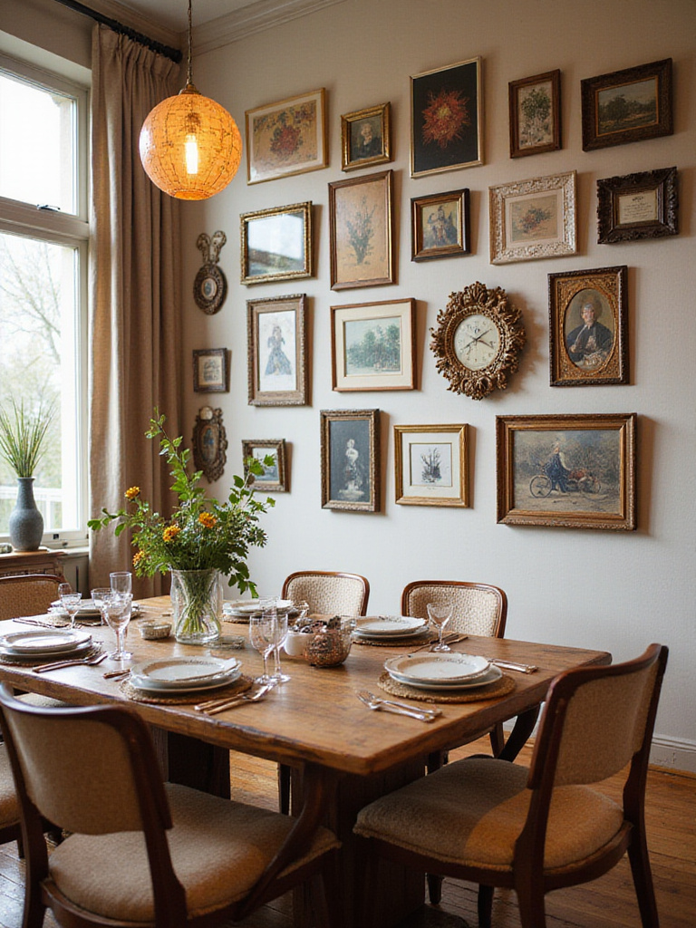 Elegant dining room with personalized artwork and collectibles on display