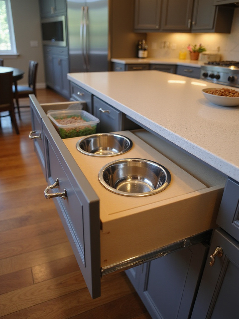Modern kitchen with pull-out pet food station featuring stainless steel bowls and kibble storage.