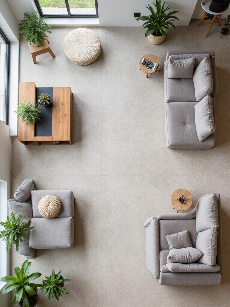 Modern living room interior with optimal traffic flow and clear pathways.