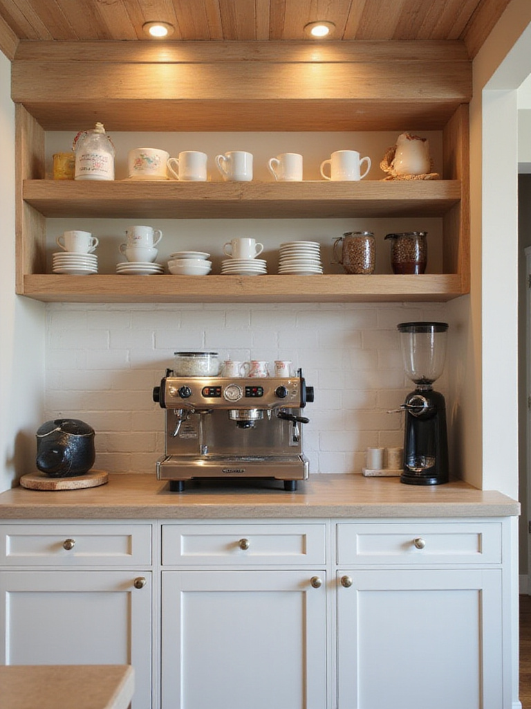 A modern dedicated coffee bar featuring an espresso machine and organized shelves.
