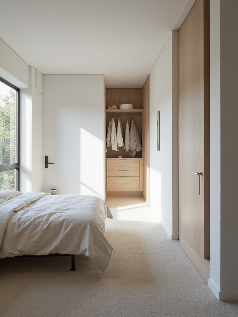 A beautifully arranged small bedroom with a bed positioned for optimal flow and natural light.