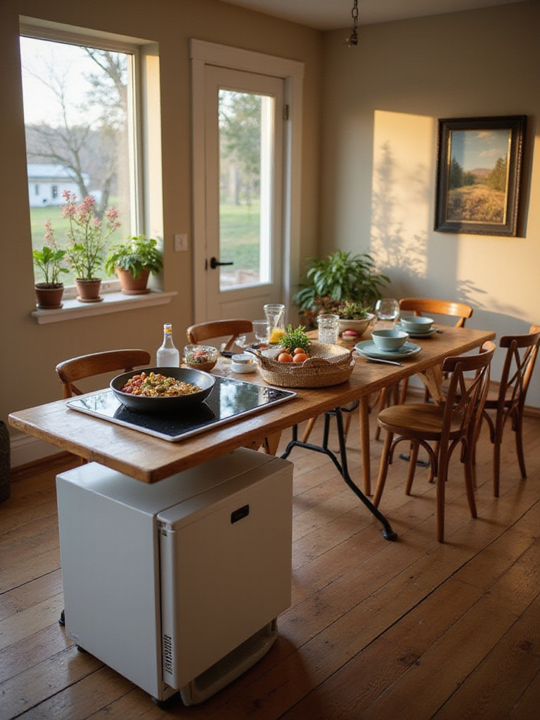 A well-organized temporary kitchen setup in a dining area with a portable cooking station.