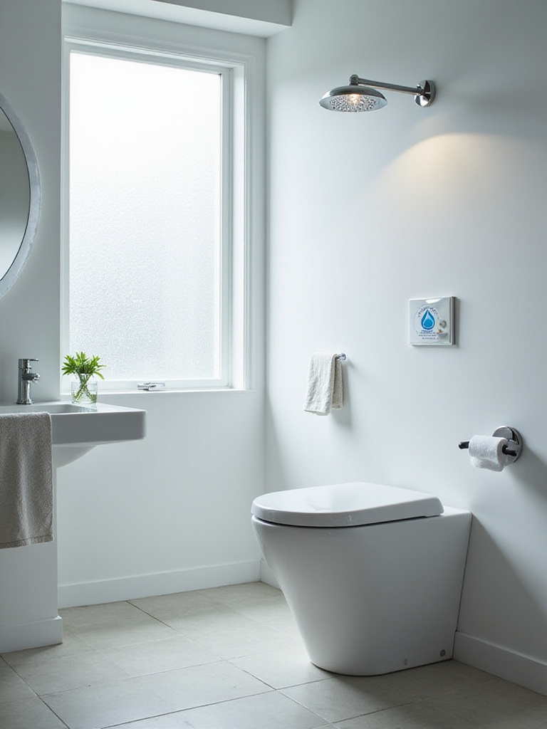 Modern bathroom with energy-efficient fixtures including a WaterSense toilet and LED lighting.