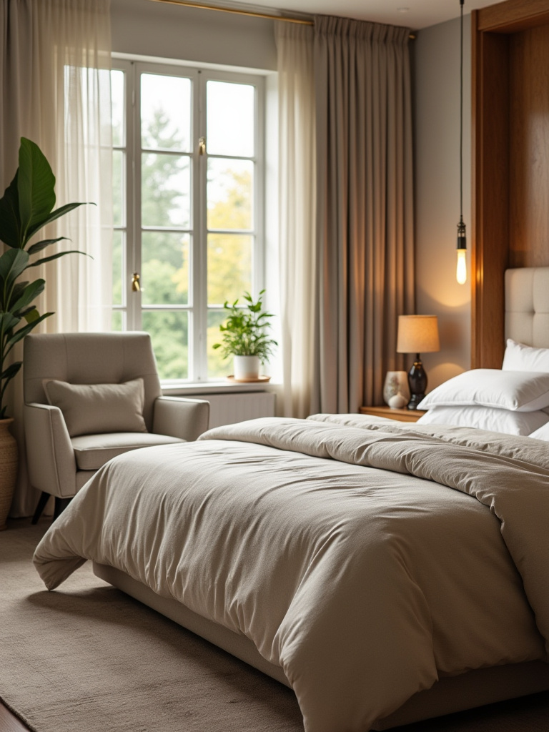 A cozy bedroom featuring ergonomic furniture designed for comfort.