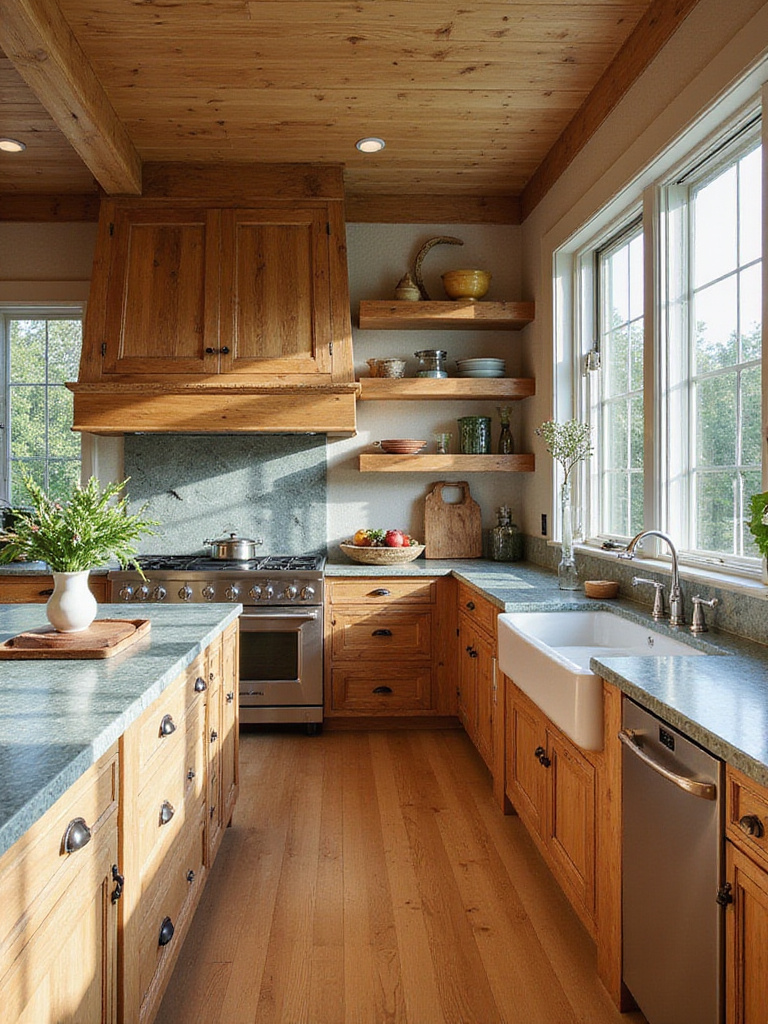 Luxury kitchen featuring sustainable materials like reclaimed wood and recycled glass countertops