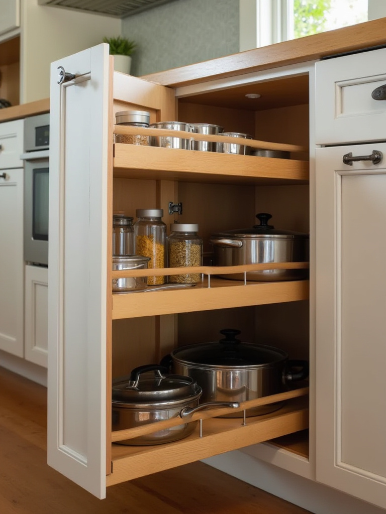 Organized kitchen cabinet with pull-out shelves showing pots and spices