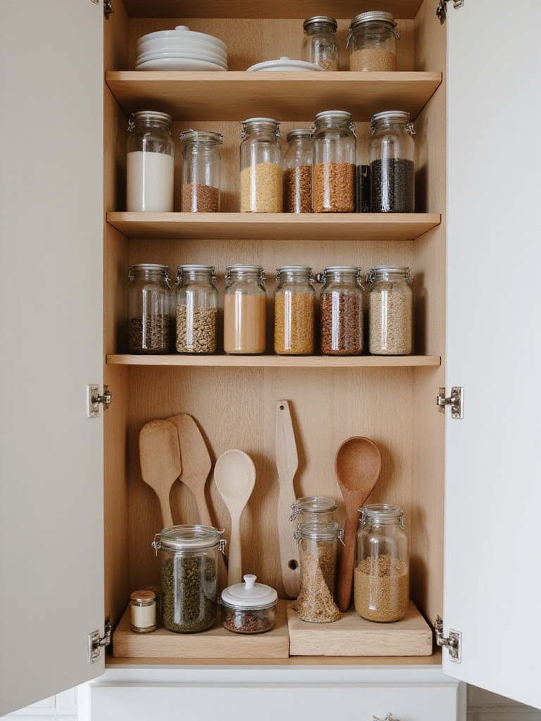 Organized kitchen cabinet with spices and utensils