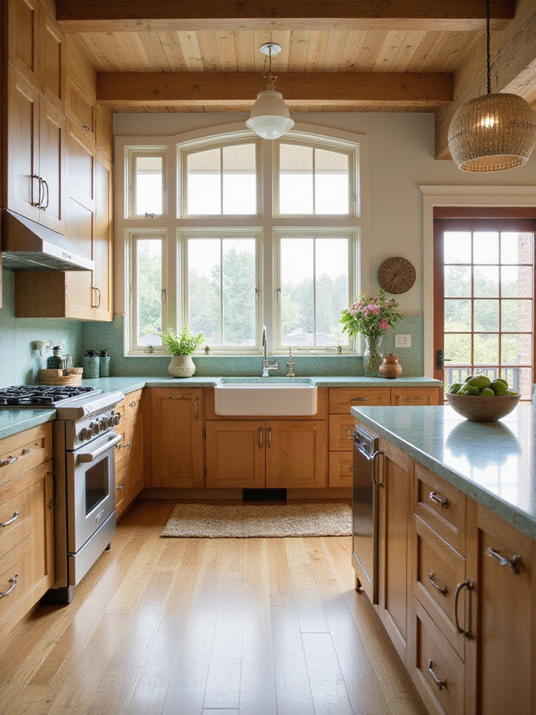 Sustainable kitchen materials including bamboo cabinetry and recycled glass countertops.