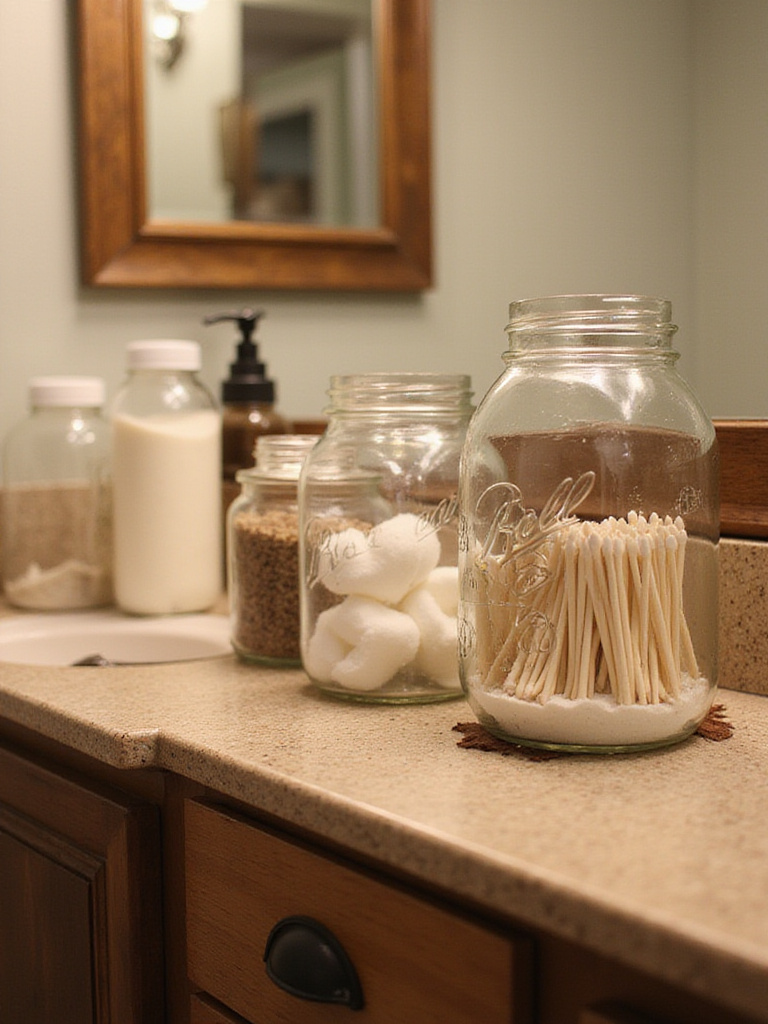 Rustic bathroom countertop with mason jars used for storage