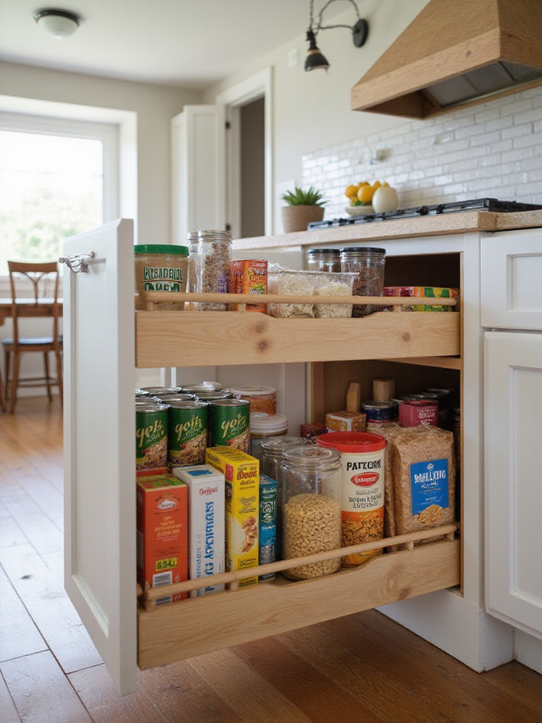 Organized kitchen island with roll-out pantry shelves displaying dry goods.