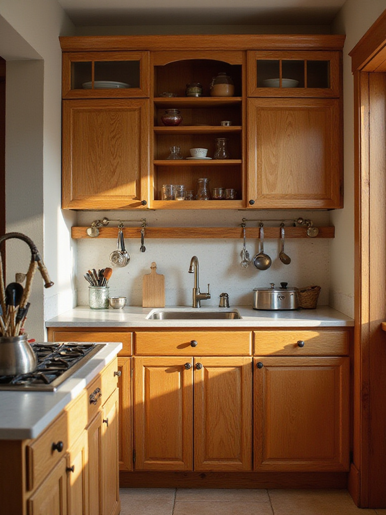 Organized small kitchen with empty cabinets and clean countertops