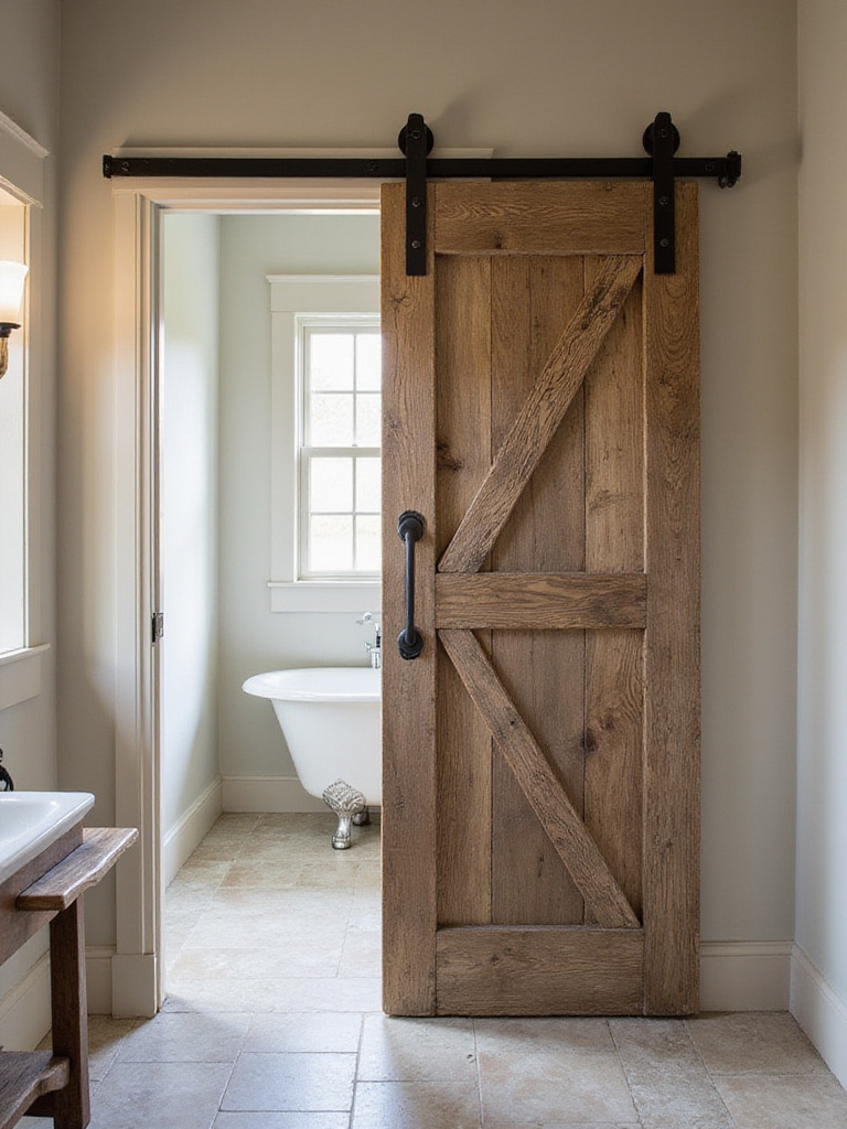 Rustic bathroom featuring a sliding barn door made of reclaimed wood
