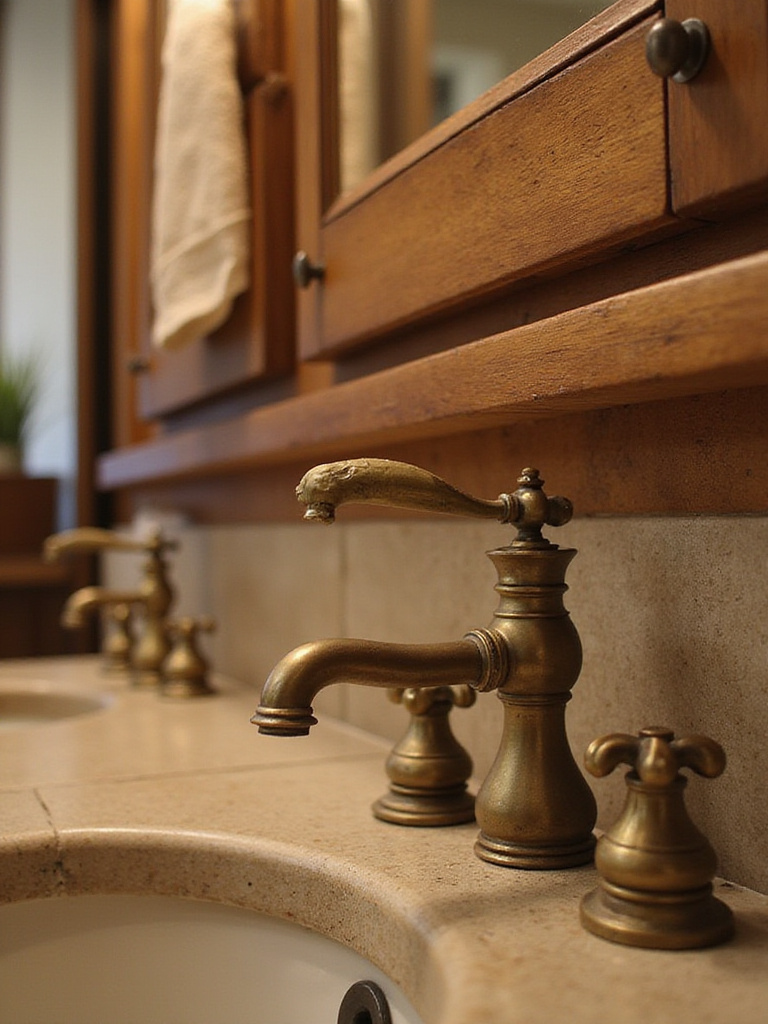 Rustic bathroom with antique-style hardware including aged brass faucets and cabinet pulls