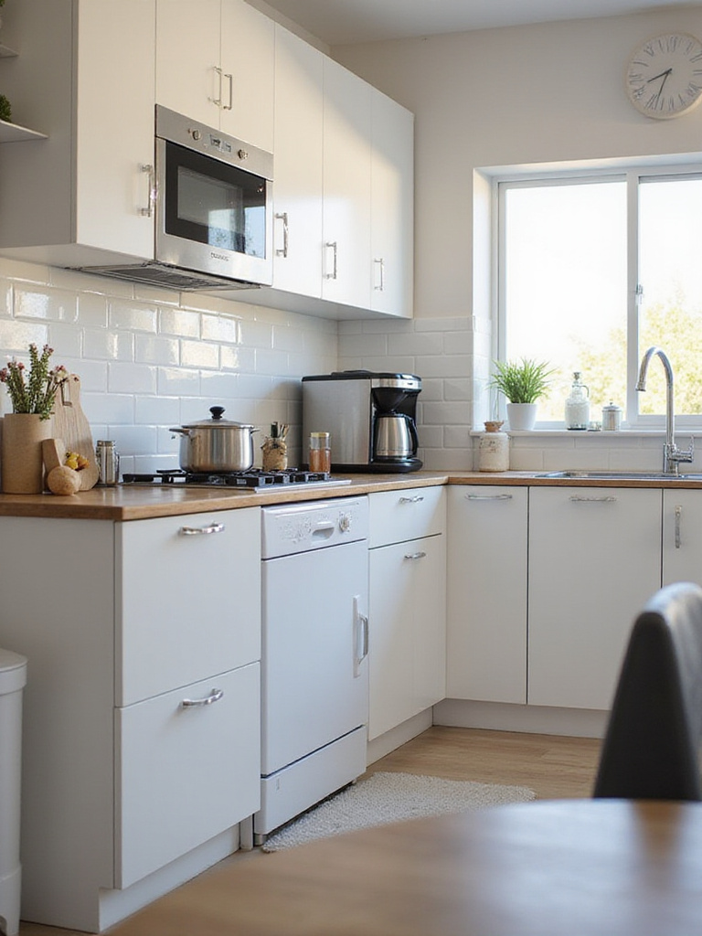 Modern small kitchen with compact appliances, including a slimline dishwasher and multi-cooker.