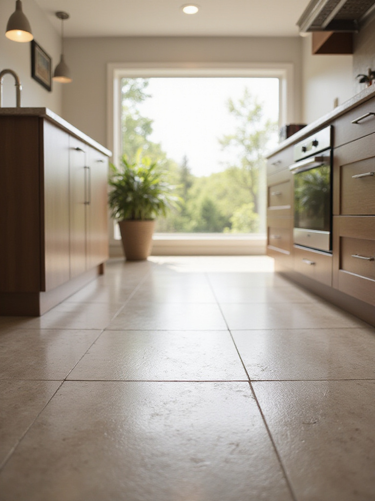 Modern kitchen showcasing resilient flooring designed for high traffic and spills