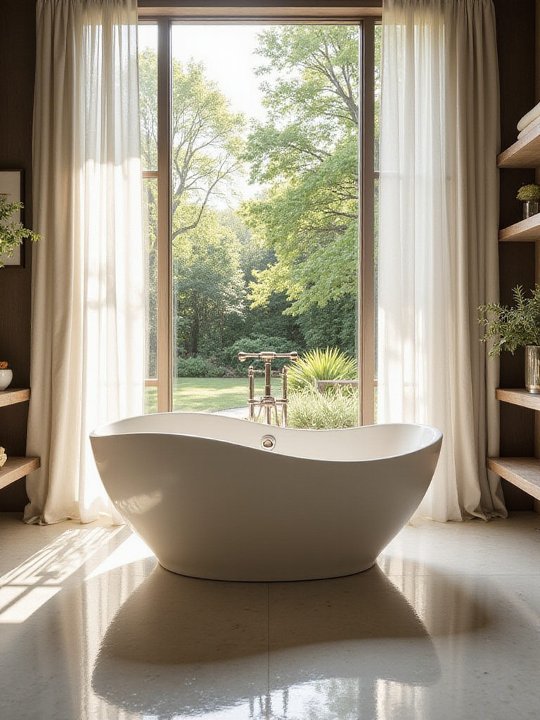 A luxurious modern bathroom featuring a freestanding tub as a central focal point with a garden view.
