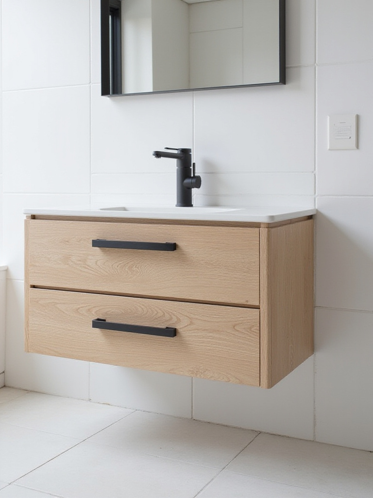 Modern bathroom featuring matte black hardware on a floating vanity.
