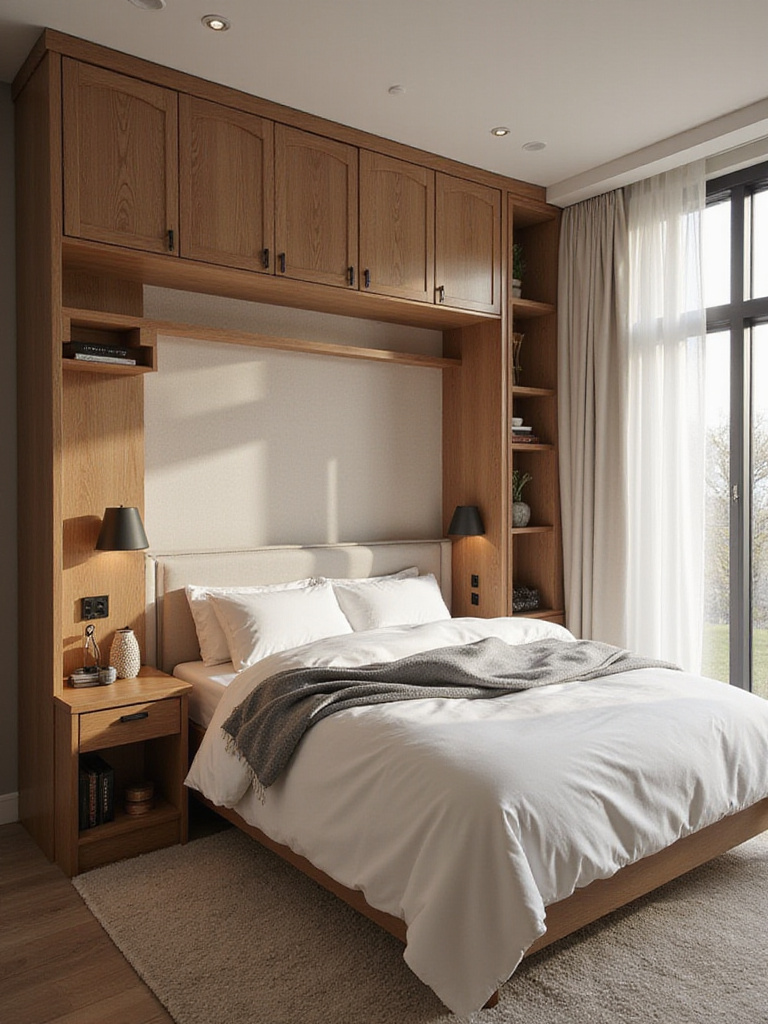Small bedroom with multi-functional furniture including a Murphy bed and desk.