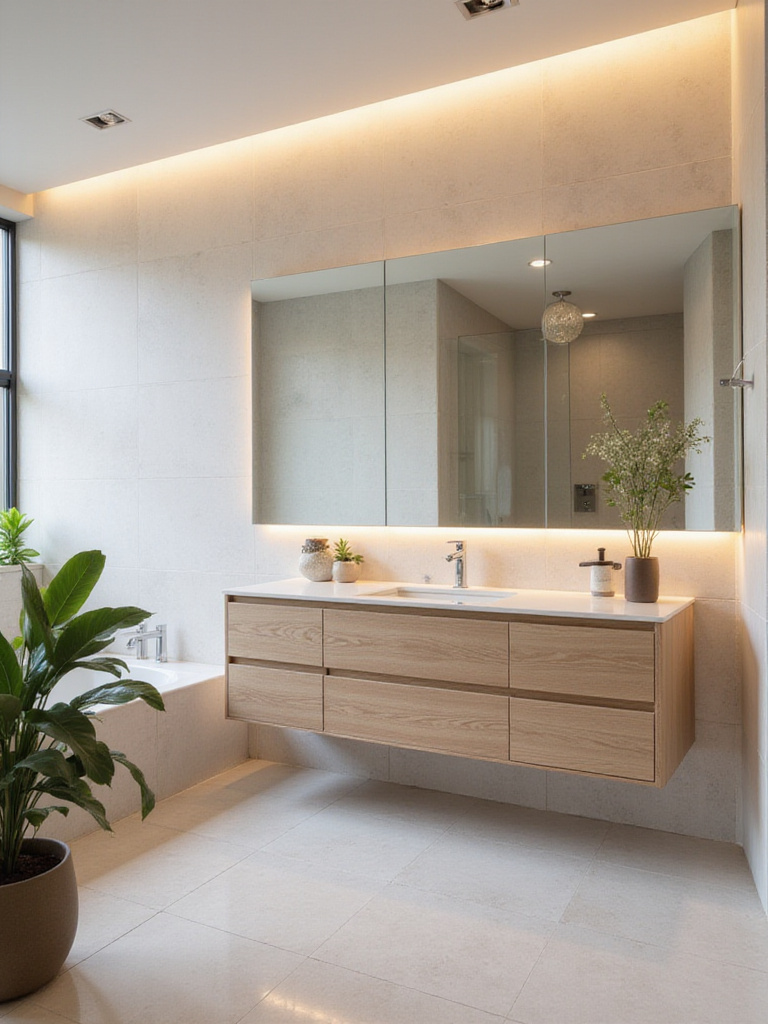 Modern bathroom with a neutral color palette showcasing off-white walls and gray tiles.