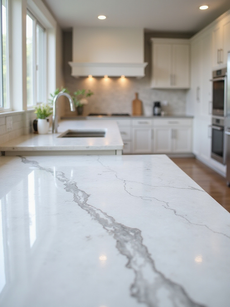 Luxurious kitchen with high-end Calacatta Marble countertops, showcasing elegant veining and modern design.