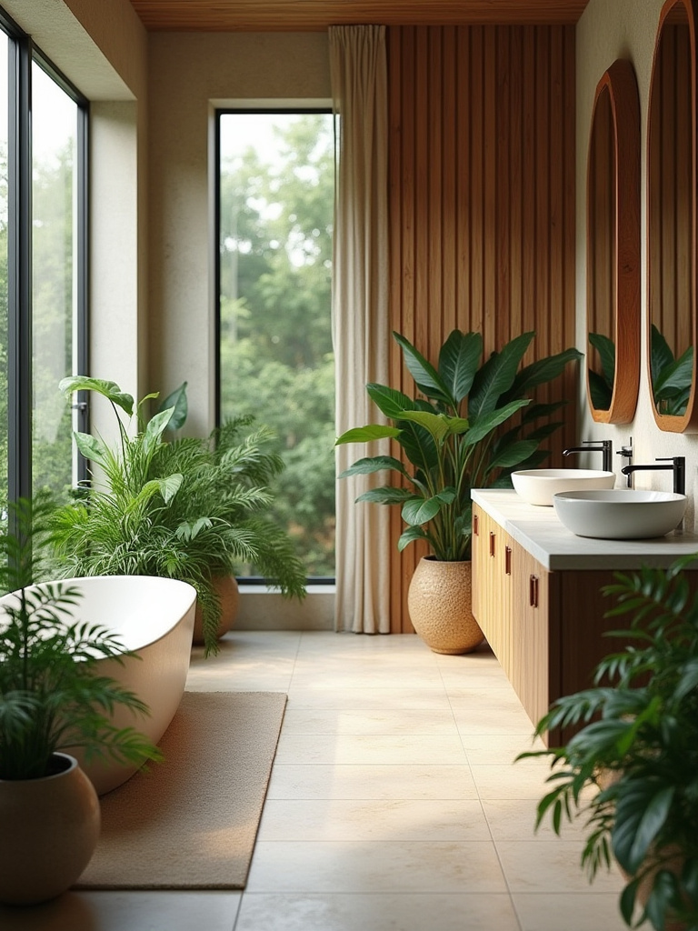 Contemporary bathroom featuring biophilic design elements with plants, natural stone, and warm wood accents.