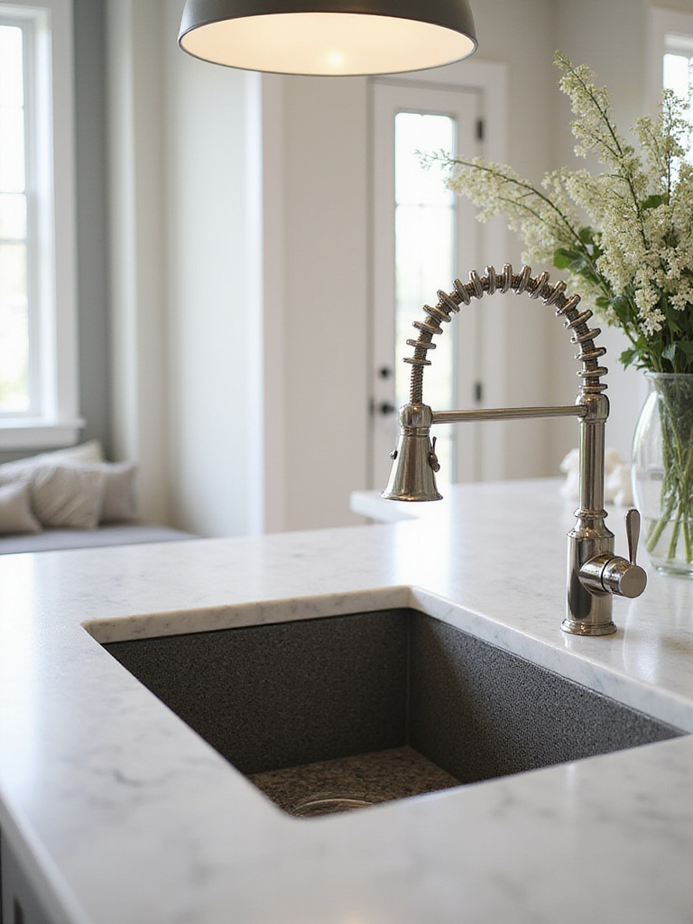 Luxurious kitchen featuring a polished nickel faucet and undermount granite sink.