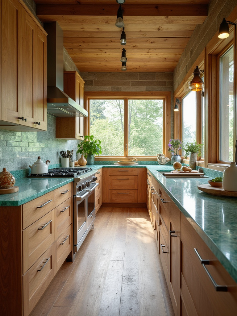 Eco-friendly kitchen with reclaimed wood cabinets and recycled glass countertops