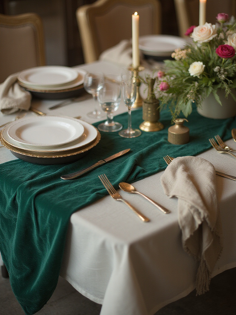 Elegant dining table set with emerald green velvet runner and white tablecloth