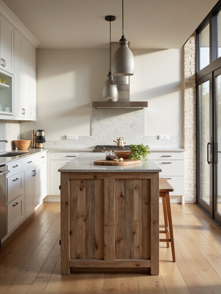 Modern kitchen with reclaimed wood island, white shaker cabinets, and polished quartz countertop.